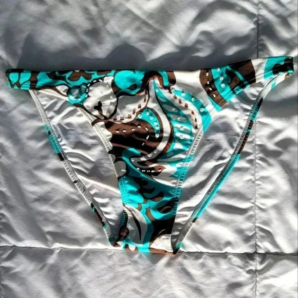 Letarte Multi Color Aqua Brown Beaded Swim Bikini Bottom Size L - Picture 4 of 5